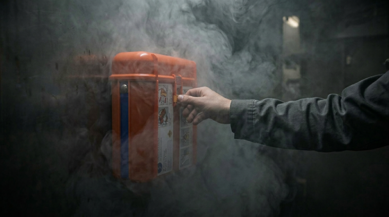 Semmco LPS EEBD mounted on wall and surrounded by smoke