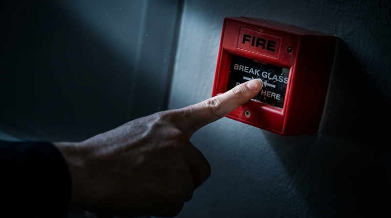 Fire alarm being pressed in dimly lit space