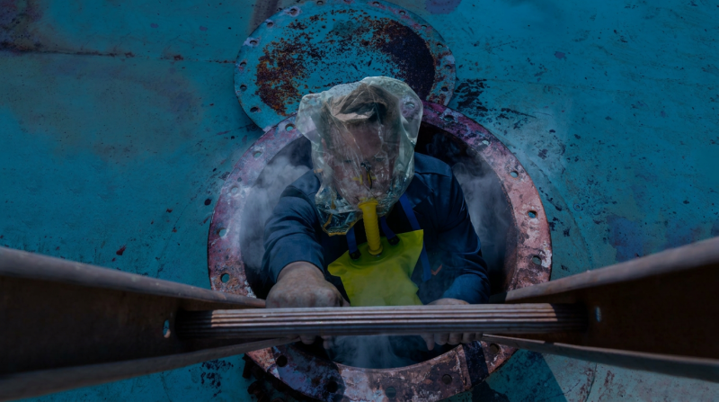 Person wearing a Semmco LPS EEBD to escape smoke filled manhole