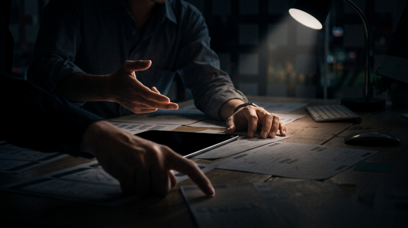 Two people sitting in a dimly lit room with plans spread over a desk