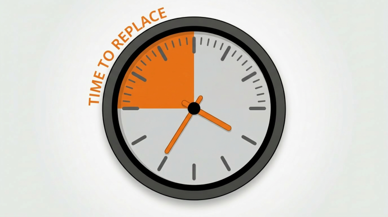 White and black analog clock with orange section marked 'Time to Replace' to indicate when an EEBD may need to be replaced