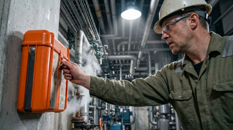 Reaching for an EEBD also known as a life safety system or life protection system